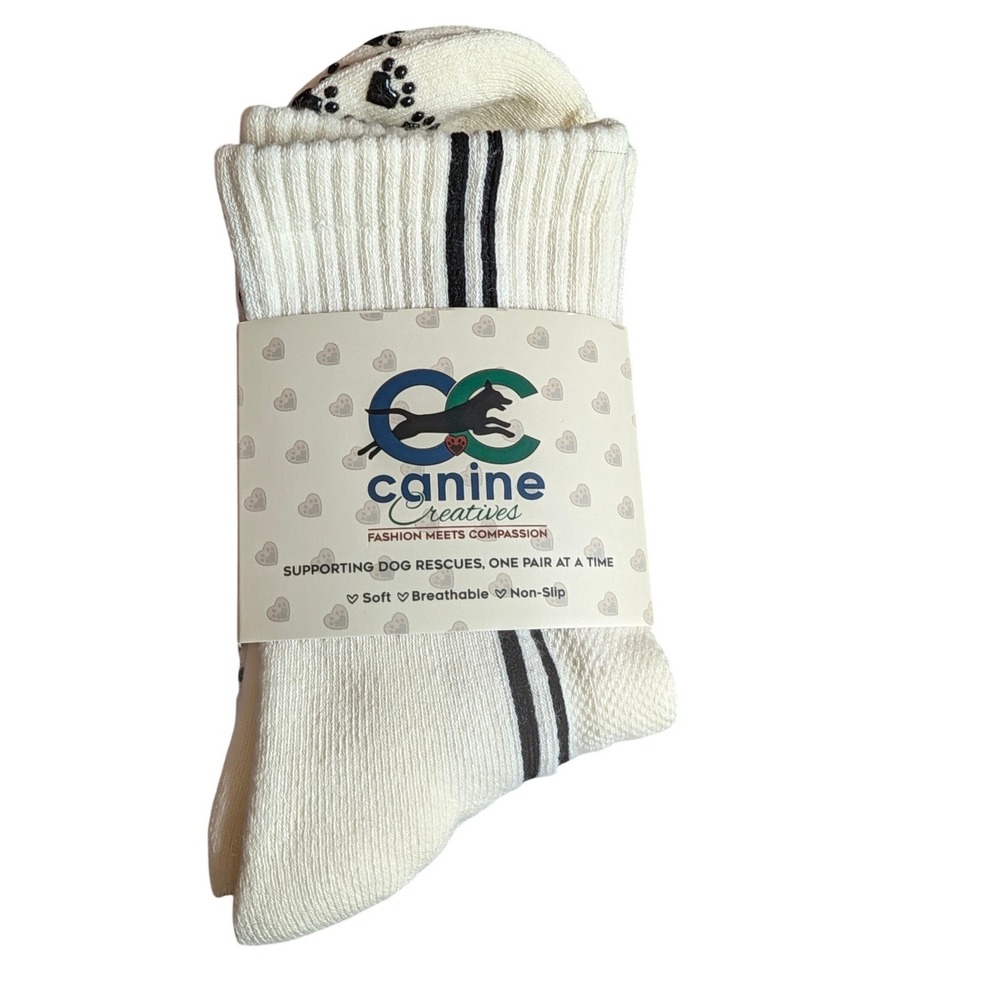Canine Creatives Mini Crew Grip Socks Ivory Black Paw Print Non-Slip S/M Yoga